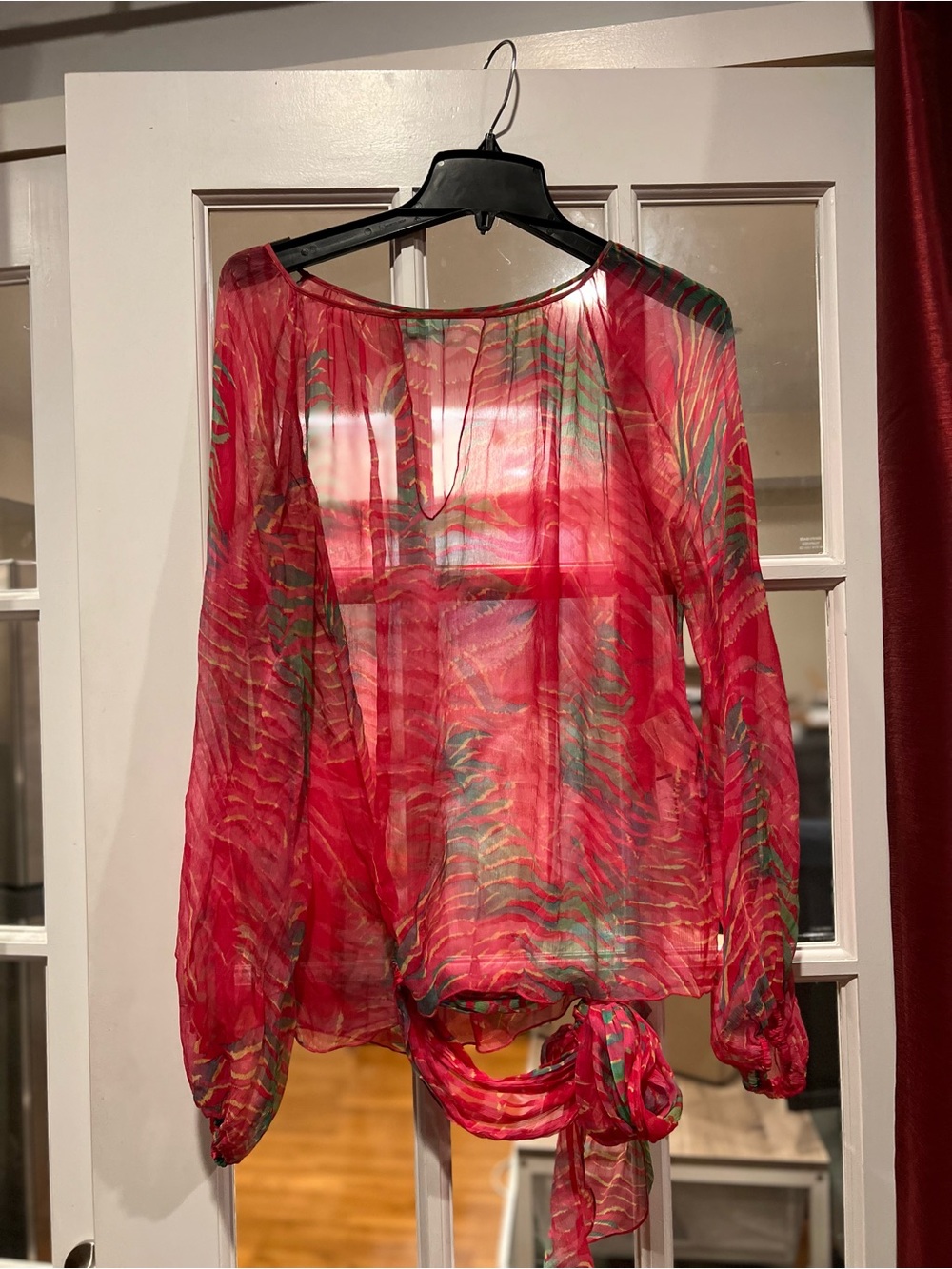 Iceberg Sheer Red Blouse with Green Wave Print